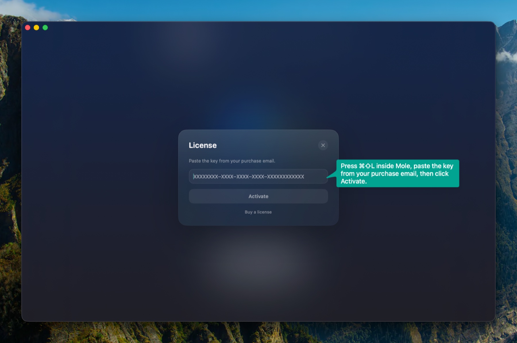 License activation panel inside Luno